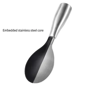 Silicone rice spoon with a hollow stainless steel handle and a reinforced steel core.