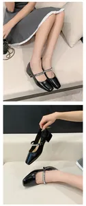 Detailed views of black patent leather Mary Jane block heels featuring sparkly rhinestone straps