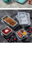 Stackable and collapsible silicone food storage containers filled with pasta and fruit.