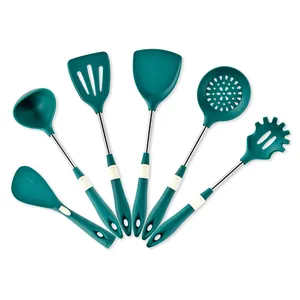 Juego de 6 utensilios de cocina de silicona verde oscuro con mangos de acero inox