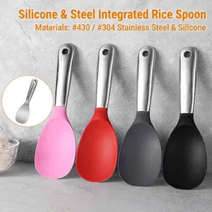 Non-Stick Silicone Rice Scoop With 304 Stainless Steel Handle Heat Resistant Kitchen Rice Paddle Cooking Serving Spoon