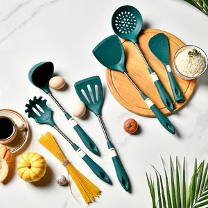 Juego de Utensilios de Cocina de Silicona Resistente al Calor Con Mango de Acero Inoxidable 304 Espátula Cuchara Sopera Servidor de Pasta
