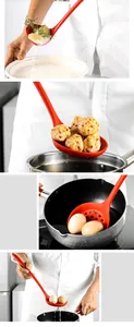 Action shots of a red heat-resistant silicone skimmer ladle draining boiled food