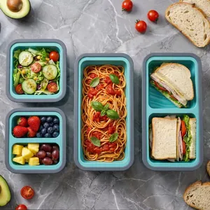 Foldable Silicone Food Storage Box Portable Compartment Lunch Box With Lid Microwave Freezer Safe Silicone Bento Box