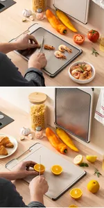 Detail view of 304 stainless steel double-sided cutting board for seafood and fruit