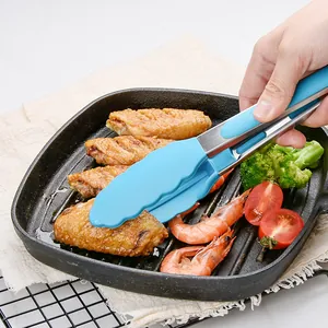Premium 9 inch blue silicone food tongs with stainless steel handle for BBQ and baking
