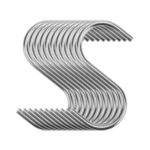 Detail view of a set of durable silver stainless steel S-shaped hooks for kitchen storage