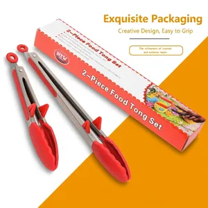 2-piece red silicone food tong set with built-in stands and retail packaging box for BBQ