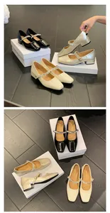 French style Mary Jane block heels with rhinestone straps in champagne, black and cream.