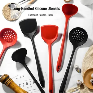 Long handle non-stick silicone kitchenware set with red and black spatulas and ladles