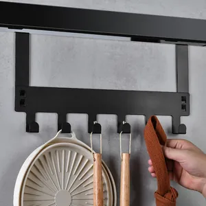 Modern black metal over-the-door organizer rack with 6 hooks for hanging kitchenware