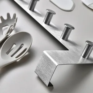 Modern silver stainless steel over-the-door hook rack with a brushed metal finish design
