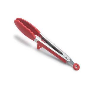 Professional 9-inch red silicone kitchen tongs with built-in stand and non-slip handle
