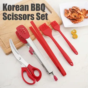 Stainless Steel BBQ Tongs and Meat Scissors Set with Silicone Handle Heat Resistant Food Tongs for Steak Grilling Kitchen Tool