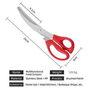 Multifunctional stainless steel kitchen scissors with red handles and size dimensions displayed