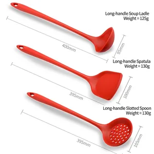 Red long-handled silicone kitchen utensil set with ladle, spatula, and slotted spoon