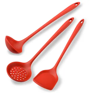 3-piece red silicone kitchen utensil set with long handles for non-stick cooking
