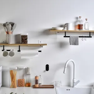 Punch-free wall mounted wooden kitchen shelf with black towel bar and hooks