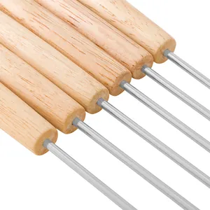 6-piece Swiss cheese fondue forks set with natural oak handles and stainless steel tines.