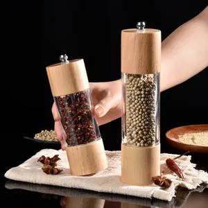 Professional set of 2 manual oak and acrylic pepper and salt grinders for spices