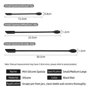 Juego de 3 mini espátulas de silicona de doble cabezal en negro con dimensiones y pesos.