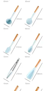 Detailed product dimensions for the Morandi blue silicone kitchen utensil set with wood handles