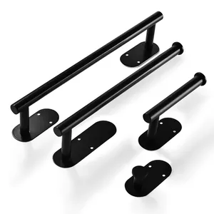 Matte black towel bar set with toilet paper holder and hook for bathroom