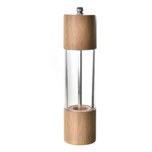 Manual oak and acrylic pepper grinder with transparent visible body for spice milling