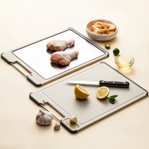 Double-sided stainless steel cutting board set with garlic grinder and hanging handle