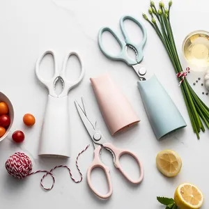 Multi-functional stainless steel kitchen scissors with magnetic storage cases in pastel colors