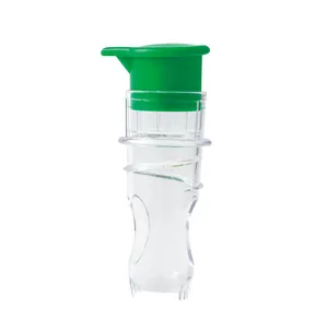 Exprimidor de limón manual portátil con tapa verde y cuerpo de plástico transparente duradero