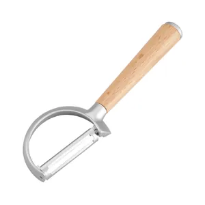 Professional P-shaped vegetable peeler with ergonomic wooden handle and zinc alloy head.