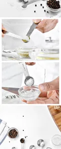 Close-up of stainless steel measuring spoons showing clear volume scales for baking