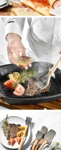 Detailed view of grey silicone basting brush and spatulas with natural wood handles