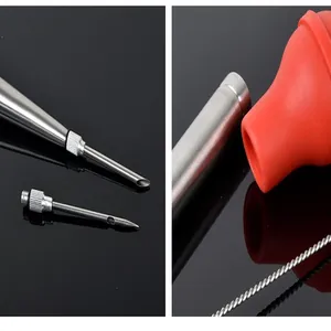 Close-up detail of 304 stainless steel turkey baster set with injector needles and brush