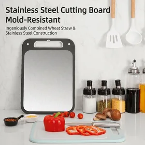 Double-sided 304 stainless steel and wheat straw cutting board for kitchen use