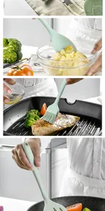 Foto d'azione di utensili da cucina in silicone verde chiaro usati per cucinare e mescolare