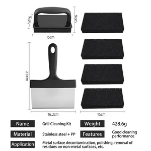 Pro BBQ Grill Cleaning Kit with Stainless Steel Scraper and 4 Heavy Duty Scouring Pads