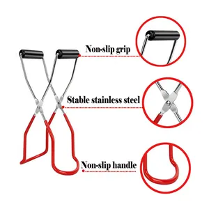 Stainless steel canning jar lifter tool with non-slip red handles and black comfort grips
