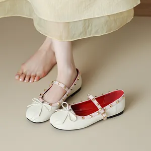 Women Mary Jane Shoes Microfiber Rivets Bow Round Toe Ballet Flats T-Strap Buckle Vintage Elegant Red Lining Daily Party