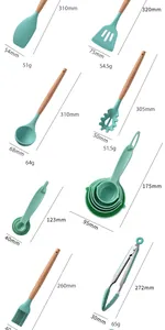 Dimensiones y pesos detallados del juego de utensilios de cocina de silicona verde menta