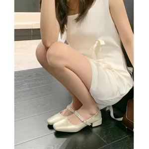 French style champagne Mary Jane chunky heel shoes with elegant crystal strap for women