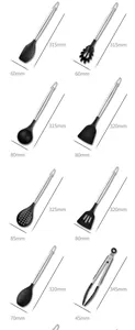 Dimensions détaillées pour l'ensemble d'ustensiles de cuisine en silicone et acier inoxydable