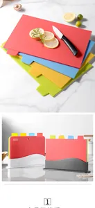 Detailed view of 4-piece color-coded PP plastic cutting board set with storage stand