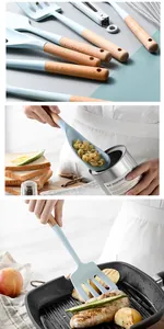 Detail shots of Morandi blue silicone kitchen utensil set with natural wood handles.