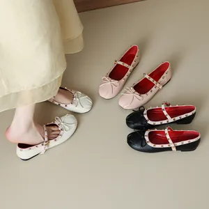 Elegant studded Mary Jane ballet flats featuring bow detail and pleated toe in three colors