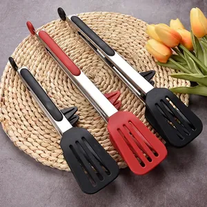 Stainless Steel Silicone Kitchen Food Tongs With Stand Heat Resistant Non-Slip BBQ Steak Salad Spatula Cooking Tongs