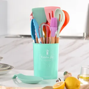 11-piece colorful silicone kitchen utensil set with wooden handles and storage bucket holder