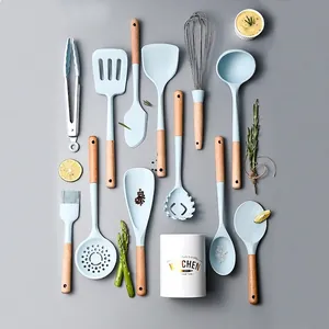 Colección de Utensilios de Cocina de Silicona Con Mangos de Madera Herramientas de Cocina Antiadherentes Resistentes al Calor Espátula Batidor Pinzas Cubo de Almacenamiento
