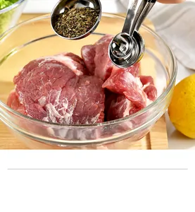 Action shot of stainless steel measuring spoons adding dried herbs to fresh raw meat.